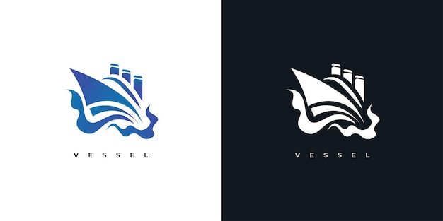 Blue Ship Logo Design met Abstract en Modern Concept Yacht Cruise Logo voor reis- of toerismebedrijfsmerk