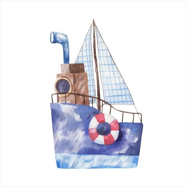 Blue ship with a sail in a cage, childrens cute watercolor illustration on a white background