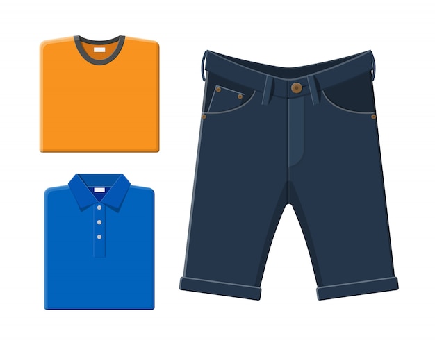 Blue shirt, orange t-shirt, jeans shorts.