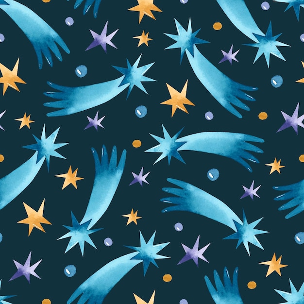 Blue shooting stars watercolor seamless pattern on dark background wallpaper