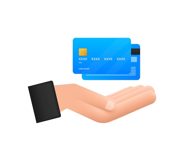 Синяя простая кредитная карта с шаблоном руки на белом фоне. векторные иллюстрации.