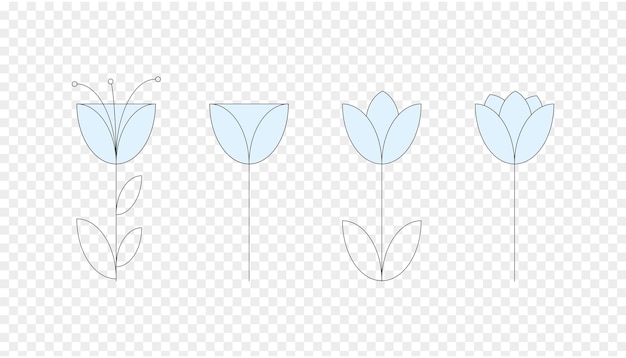 Blue simple flowers with leaves on a line