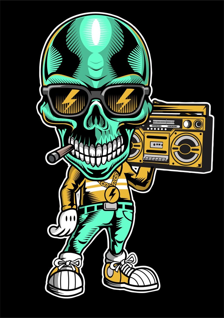 Blue Skull Boombox hand drawn illustration