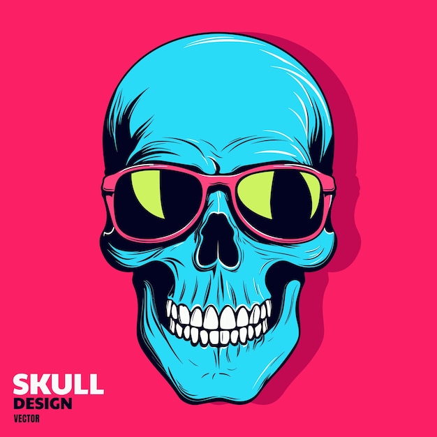 Vector blue skull t shirt design sunglasses smile expression vibrant color vintage design element