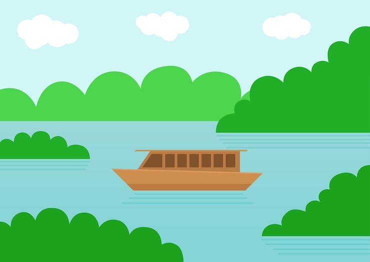 Vector blue sky background cartoon landscape with boat at lake