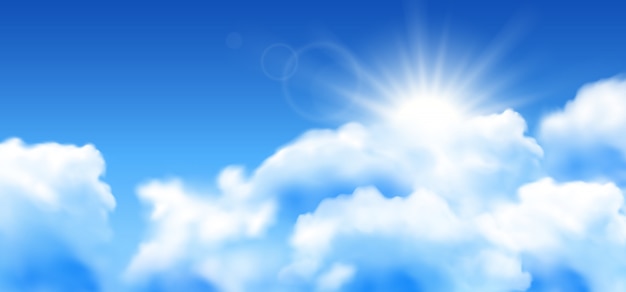 Vector blue sky background with white clouds and sun.