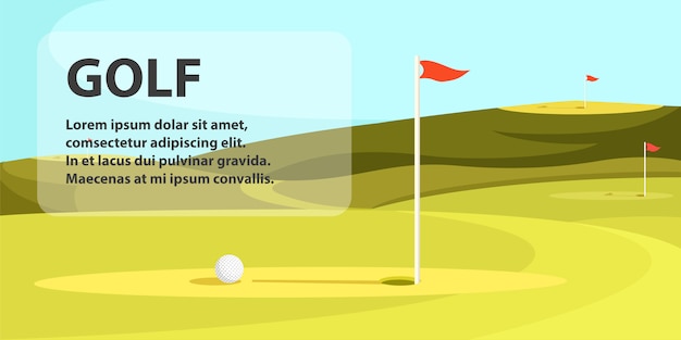 Blue sky en green golf field met gat en vlag.