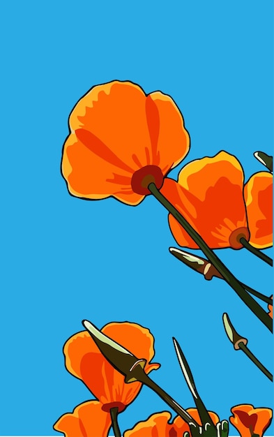 A blue sky is visible through the poppies.