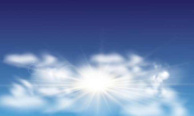 Вектор Голубое небо с облаками и солнечными лучами