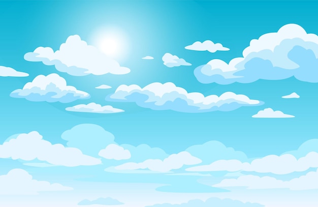 Blue sky with clouds anime style background with shining sun and white fluffy clouds vector image