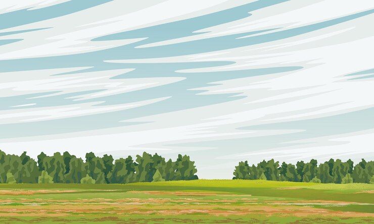 Blue sky with white clouds over a meadow with grass and forest on the horizon Realistic vector