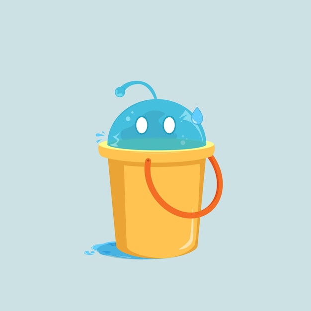 Blue slime inside yellow bucket Isolated on a cyan background