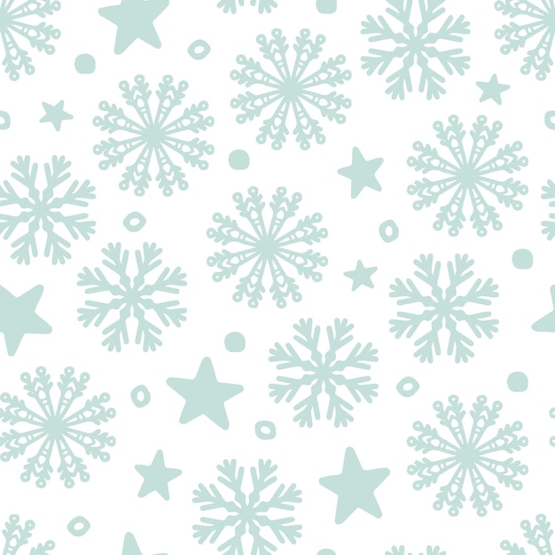 Blue snowflakes, stars and dots Christmas seamless pattern