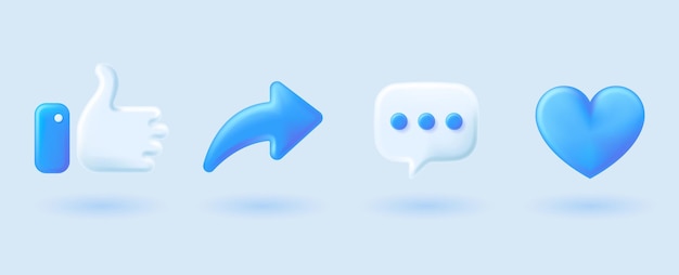 Blue social media icon set thumbs comment share and love 3d style