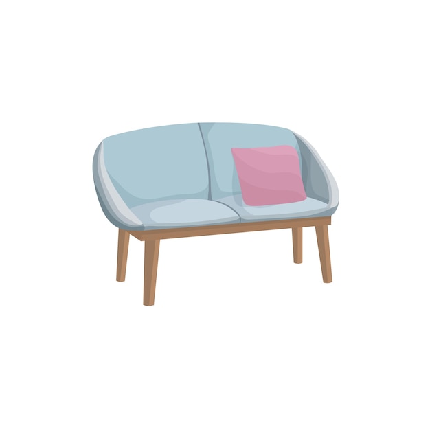 Vista laterale del divano blu in stile cartone animato piccola sedia e 1 cuscino rosa mobili per interni isolati su sfondo bianco