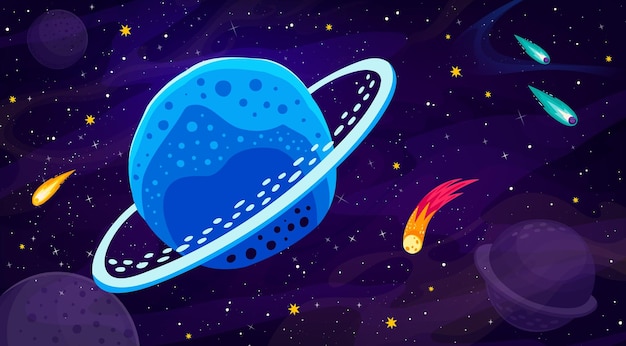 Vector blue space planet with rings in galaxy landscape