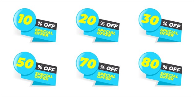 Blue special offer discount label with different sale percentage 10 20 30 70 50 percent off price reduction badge promotion