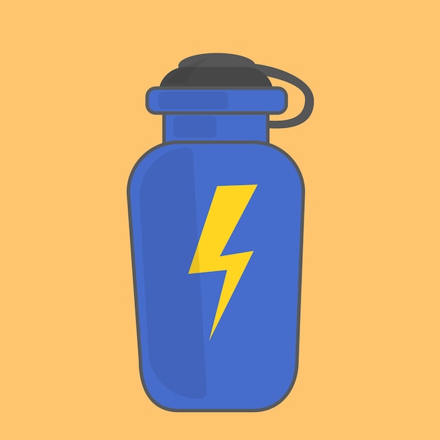 Blue sports plastic water bottle on a cream background with yellow lightning flat design illustration stock vector graphics