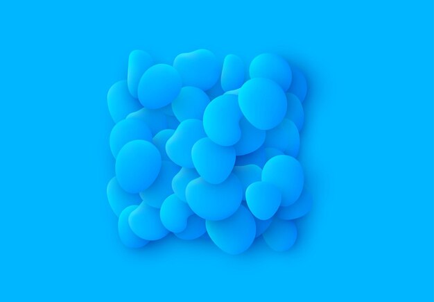 青い正方形の孤立した背景。液体の丸みを帯びたプラスチック形状、滑らかな海石、平らな液体スプラッシュ バブルのデザイン要素。 3D 流体オブジェクト。モダンな抽象模様の有機物