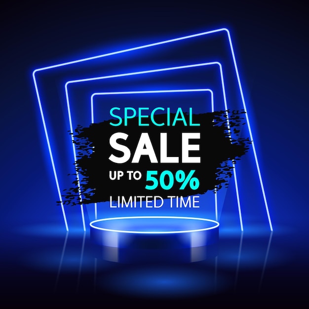 Blue Square Neon Special Sale Banner