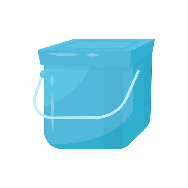 Blue square plastic bucket with lid and metal handle Container for liquids or trash Flat vector element for promo poster of household store