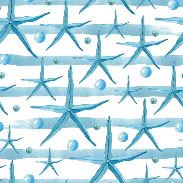 Vector blue starfish watercolor seamless pattern on striped background