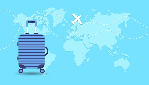 Blue suitcase on background with map track of travel path and flying airplane icon Tourism