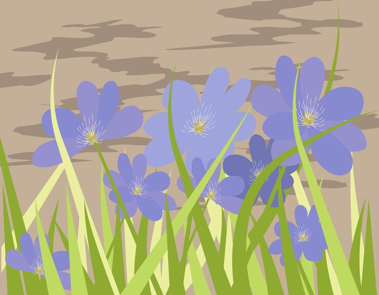 Vector blue summer flowers among the grass in flat design style gentle summer color palette