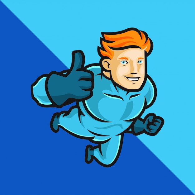 Blue superhero flying making thumb up.   illustration.