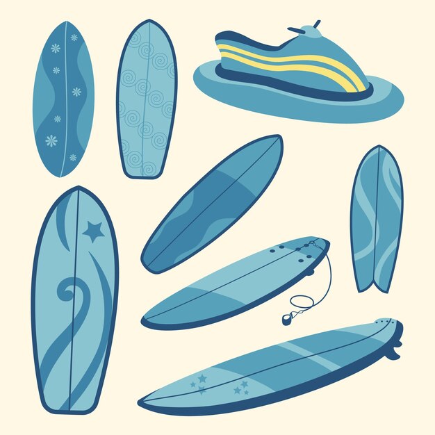 Vector blue surfing board summer collection