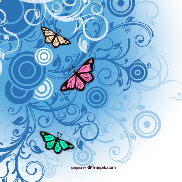 Vector blue swirls background with butterflies