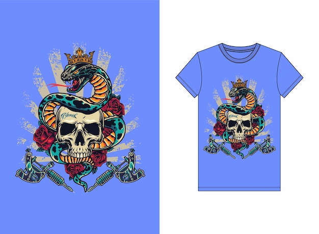Blue t - shirt with a snake and a skull with a crown on it.