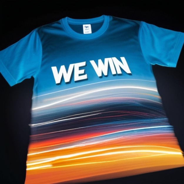 A blue t - shirt with the words we win