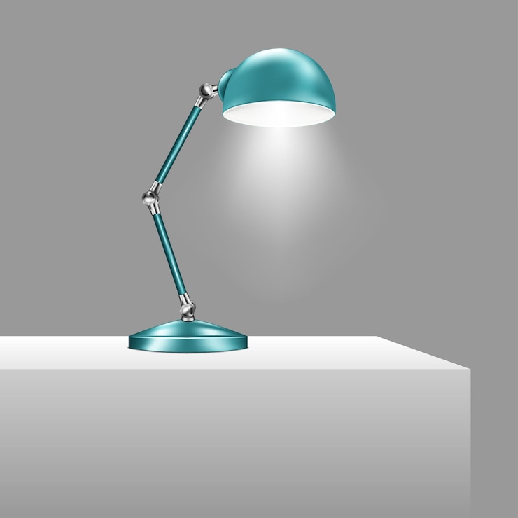 Vector blue table lamp with the light on. adjustable aluminum desk lamp. vector illustration