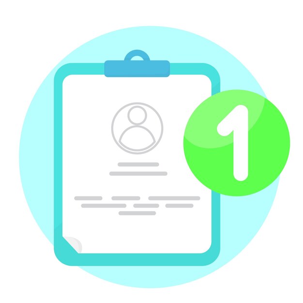 Голубой планшет с личной карточкой пациента, файл клиента, пользователь и номер один 1 на зеленом круге, иллюстрация концепции плоского дизайна, вектор eps 10, простой и современный графический элемент для приложения или веб-интерфейса