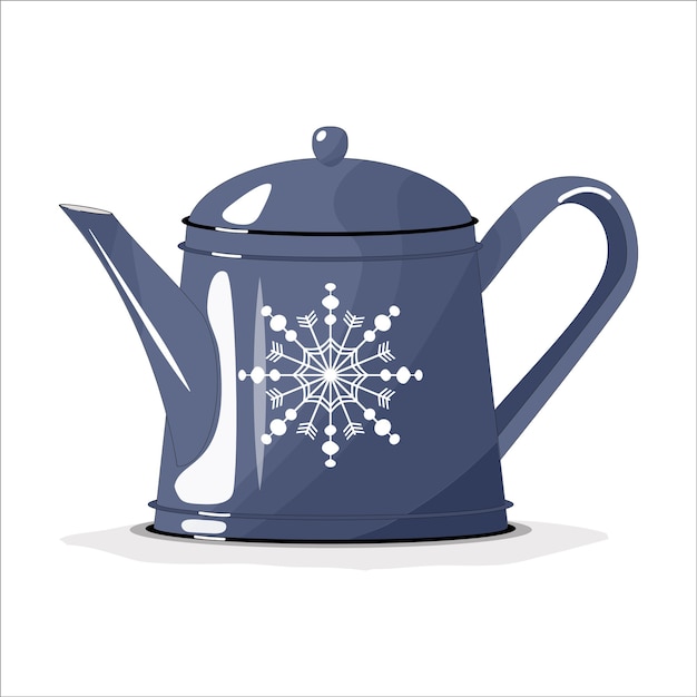 Vector blue teapot, coffee pot on a white isolated background. merry christmas. dishes for the kitchen.