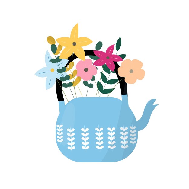 Vector blue teapot with wild flowerscute teapot with bouquet of flowers spring flowers