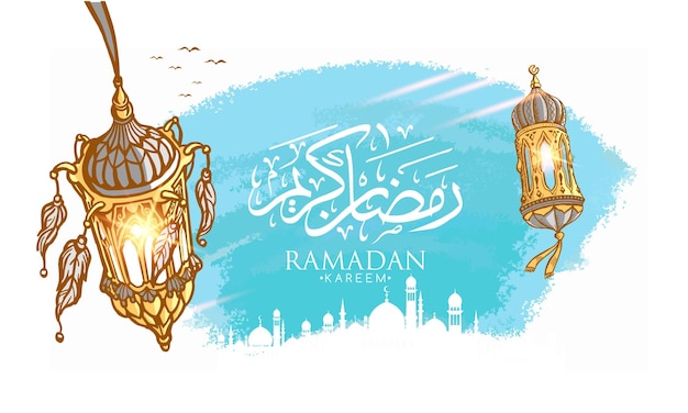 Синие шаблоны поздравительных открыток на священный месяц рамадан для мусульман