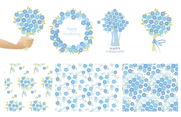 Vector blue tender forget-me-not flowers in retro style