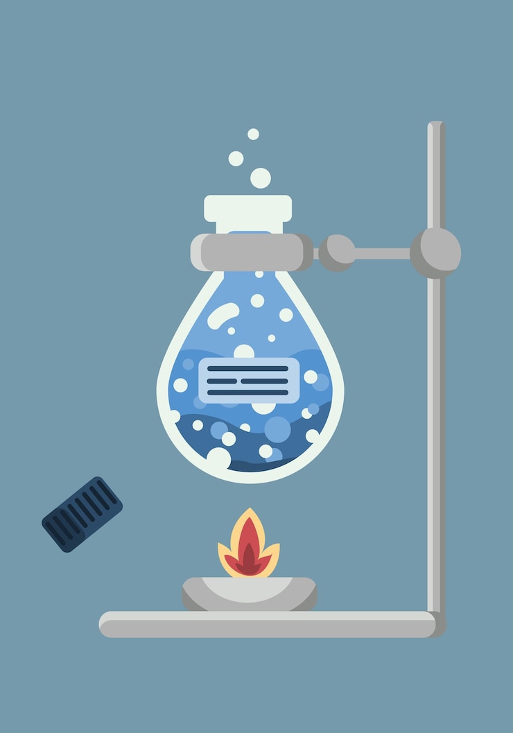 Vector a blue test tube on fire for a chemical experiment