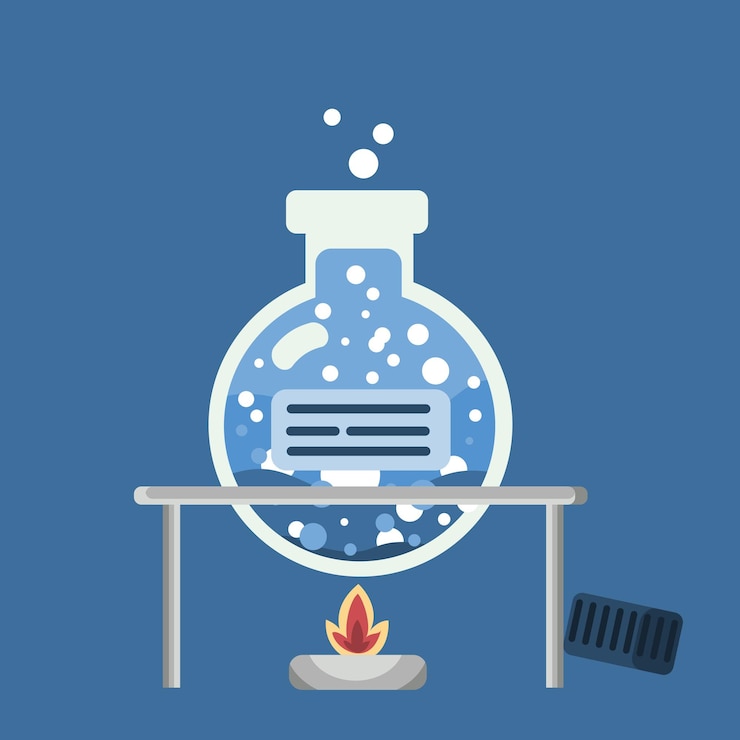 Vector a blue test tube on fire for a chemical experiment