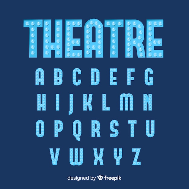 Alfabeto blu della lampadina del teatro
