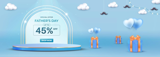 blue themed fathers day sale promotion with gifts and decorative elements