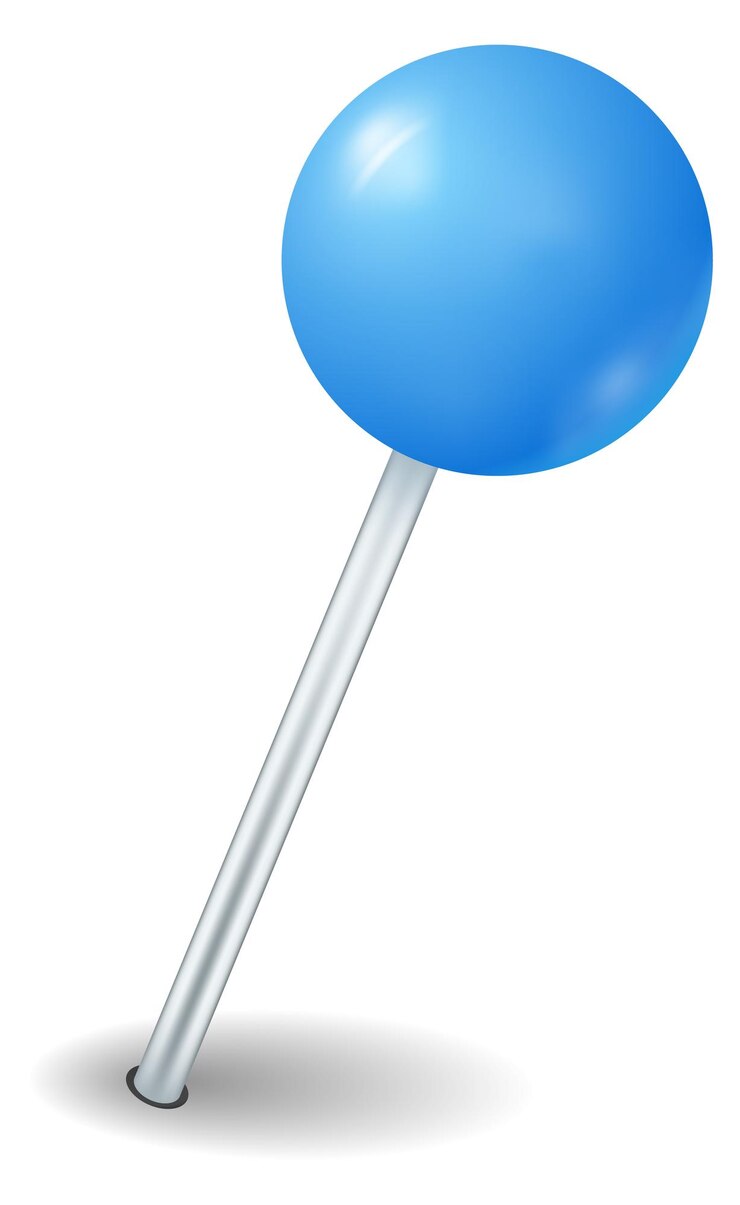 Vector blue thumbtack mockup round plastic push pin isolated on white background