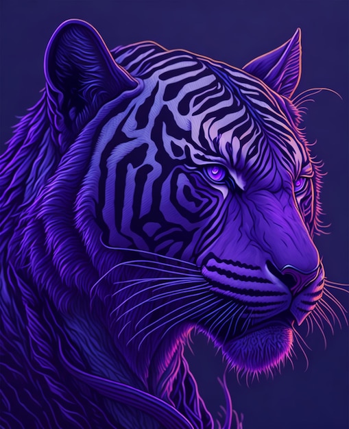 A blue tiger with purple stripes on the face