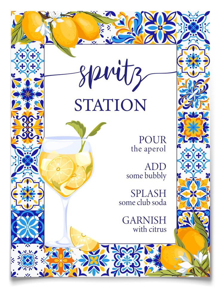 Vector blue tiles and lemons aperol spritz station sign