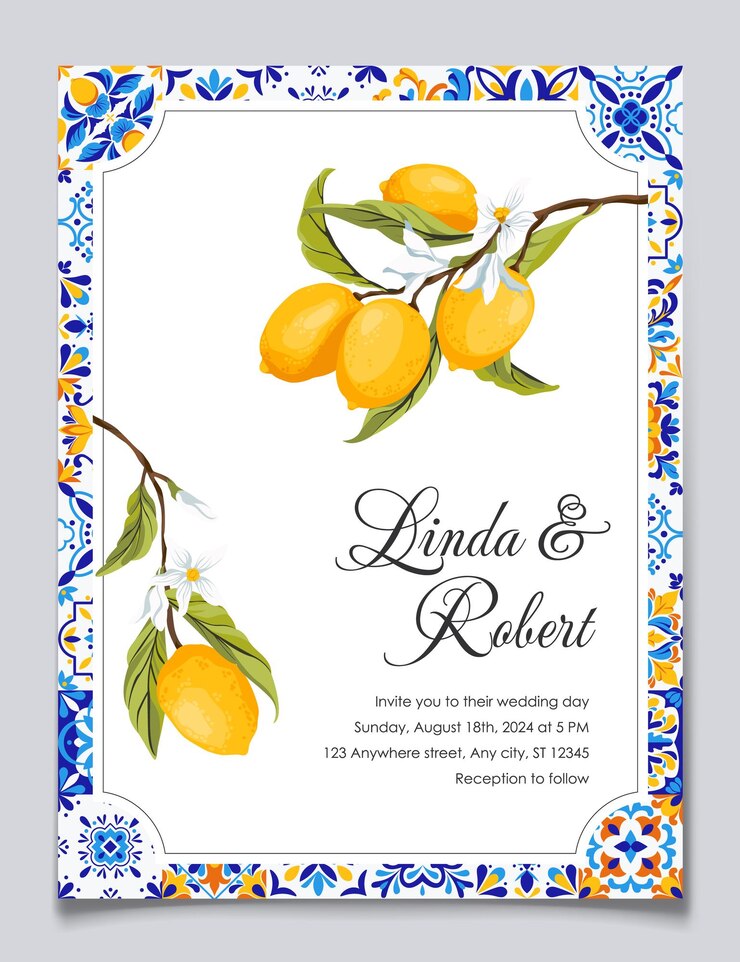 Vector blue tiles and lemons wedding invitation card