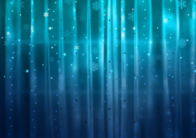 Vector blue tinted christmas curtains with falling stars and snowflakes