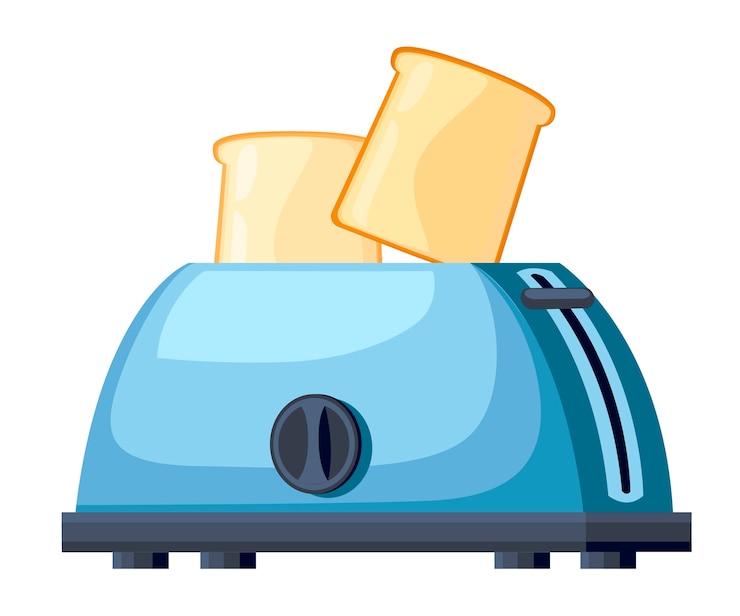 Vector blue toaster. steel toaster with two slices of bread.   .  illustration  on white background.