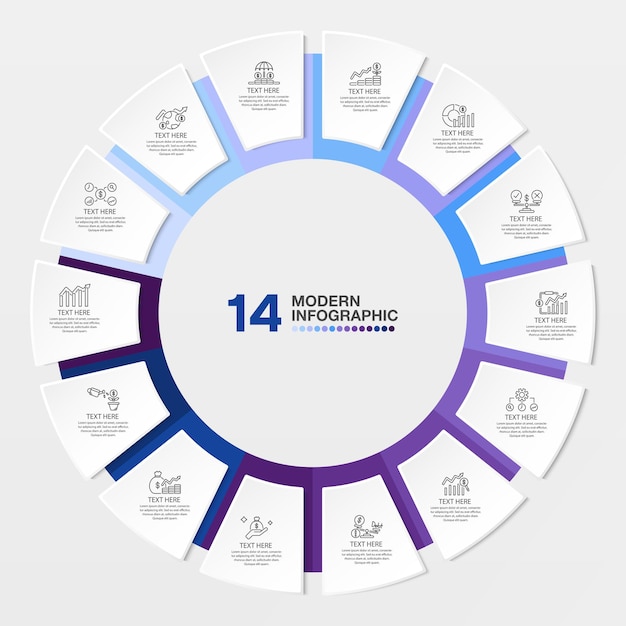 Blue tone circle infographic template with 14 steps process or options process chart